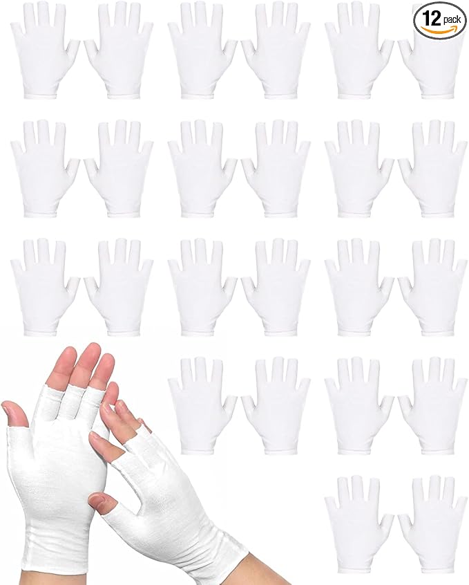 12 Pairs Black Cotton Fingerless Gloves Moisturizing Night, Uv Sun Protection Gloves for Driving (White)