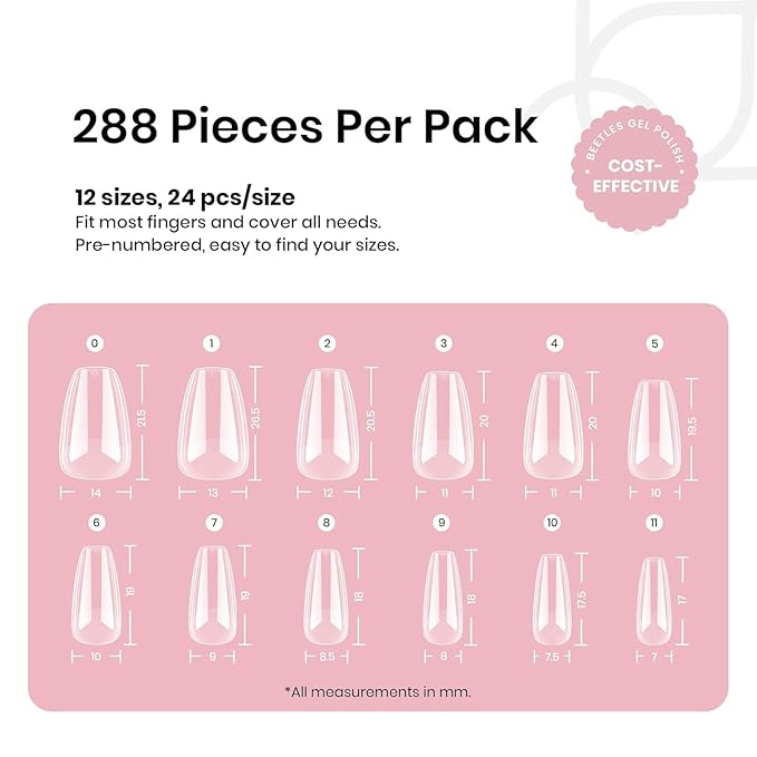 Beetles Gel Nail Tips Short Coffin Pre-Etched Nail Tips, 12 Sizes 288 Pcs Full Cover Soft Tips Half Matte False Nails Clear Acrylic Glue on Nails Extension DIY Manicure Gifts for Women