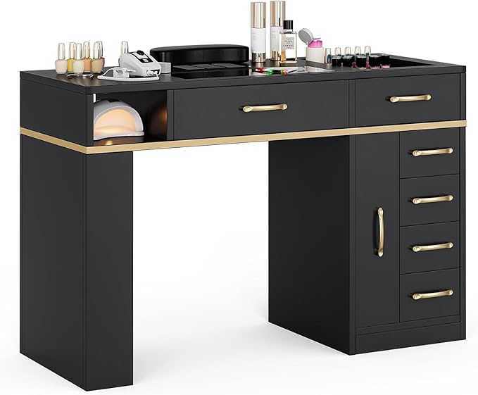 Nail Table Station with Dust Collector, Glass Top Manicure Table Nail Desk Station w/7 Drawers & 3-Tiers Open Shelves, Nail Beauty Workstation w/Wrist Cushion & Acrylic Display Rack(Black-New)