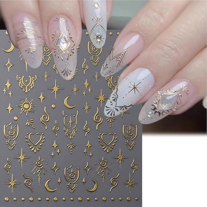 4 Sheets 5D Moon Star Nail Art Stickers Gold Silver Glitter Rhinestones Nail Decals Self-Adhesive Sun Heart Nail Decor Cute Nail Design Stickers Spring French Nails Supply for Women DIY Manicure