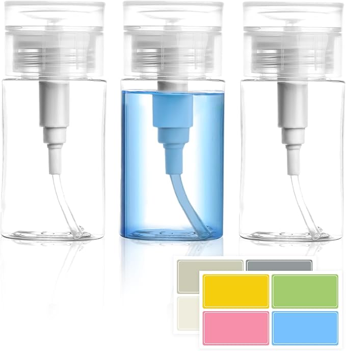 3 Pack Push Down Pump Dispenser,Clear Push Top Empty Bottles with DIY Stickers for Alcohol,Nail Polish,Makeup Remover,Toner (80ml)