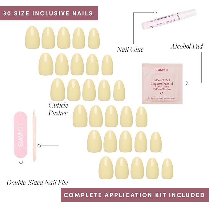 Glamnetic Press On Nails - Pastel Yellow | Short Oval Yellow Fake Nails with Glossy Finish, Salon Quality| 15 Sizes - 30 Nail Kit with Glue