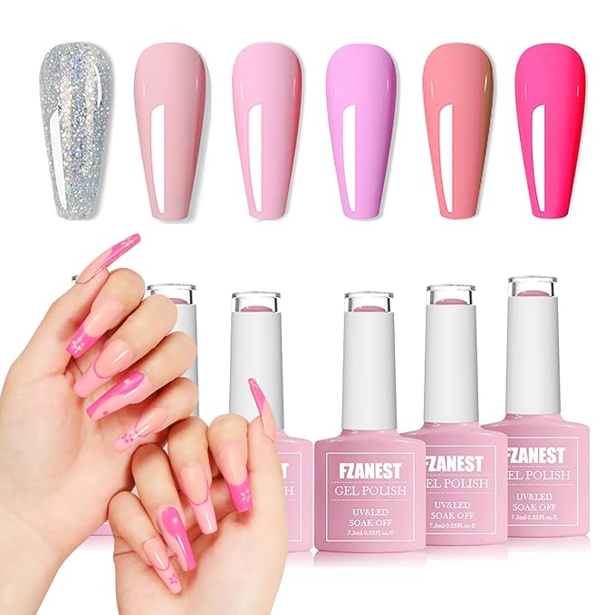 FZANEST Gel Nail Polish Set,Ligh Pink Neon Pink Sliver Glitter Gel Polish Nail Kit Soak Off Nail Polish Home DIY Manicure Nail Salon Varnish Spring Summer Colors