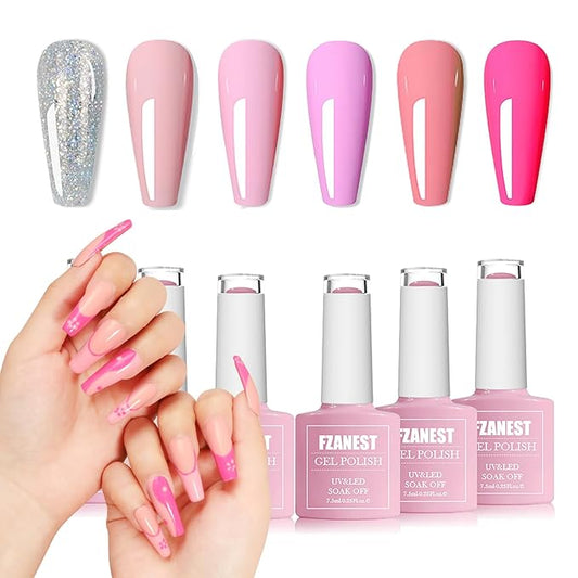 FZANEST Gel Nail Polish Set,Ligh Pink Neon Pink Sliver Glitter Gel Polish Nail Kit Soak Off Nail Polish Home DIY Manicure Nail Salon Varnish Spring Summer Colors