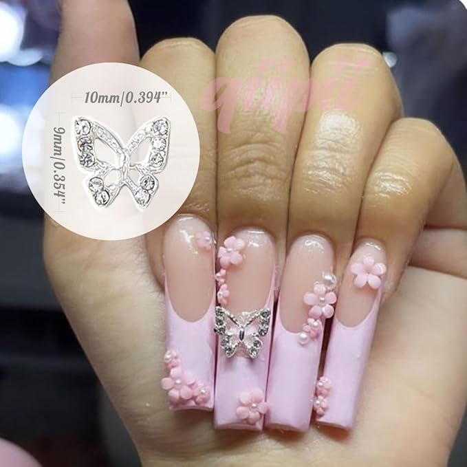 24pcs Silver Butterfly Nail Charms Bulk 3D Charms for Acrylic Nails, Butterflies Nail Rhinestones Charms Nail Alloy Studs Nail Art Jewels Diamonds Gems Decor Supplies for Nails Face Makeup DIY