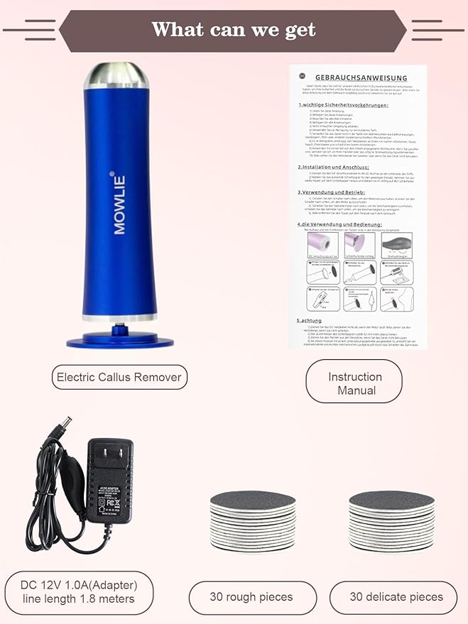 Electric Foot Callus Remover,MOWLIE Electric Foot Care Tools with Speed Controller and 60pcs Replacement Sandpaper Disk for Men Women Dead Dry Crack Skin Calluses (Blue)