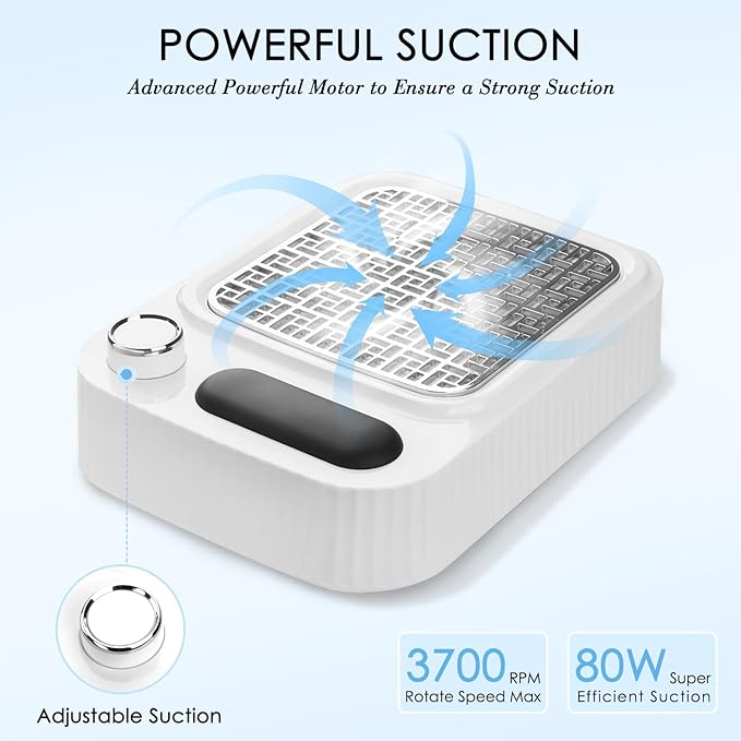 80W Nail Dust Collector with Reusable Filter for Acrylic Gel Nails, Vacuum Fan Dust Collector for Beginner, Adjustable Nail Vacuum Suction Fan for Manicure Pedicure at Salon or Home