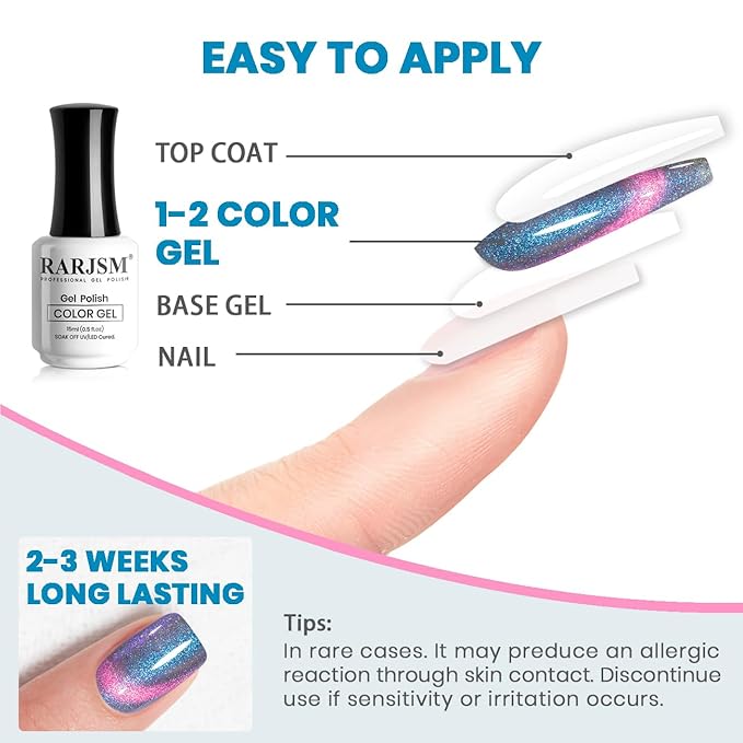 RARJSM Aurora Cat Eye Gel Nail Polish with Magnet Stick Blue Purple Multi Color 9D Diamond Galaxy Cateye Gel Polish Chunky Shimmer UV LED Curing Requires Soak Off for Home Salon Manicure 15ml