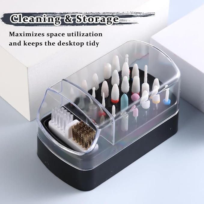 2 in 1 Nail Drill Bits Holder with Nail Drill Bits Cleanser, 30 Holes Dustproof Drill Bits Stand Display Storage Box, Steel Wire & Nylon Double Brush Manicure Drill Cleaning Tools for Home Salon