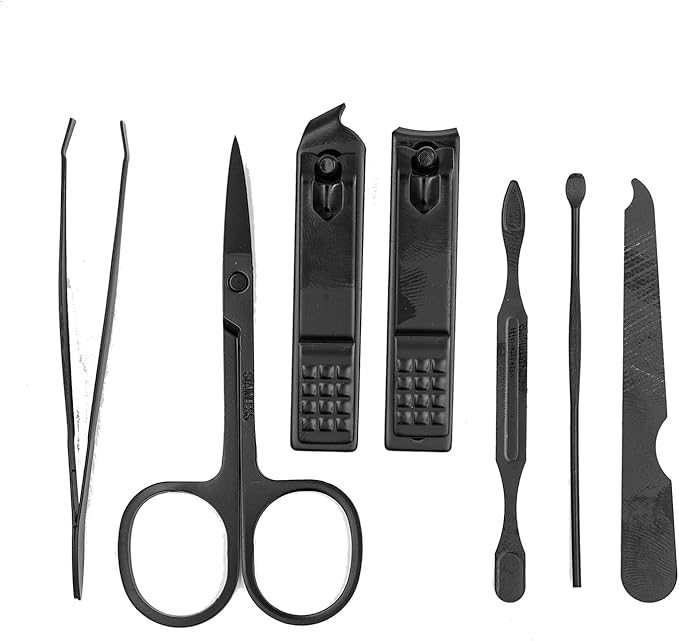Nail Clipper Set, 7PCS Manicure Set Fingernail Clippers Kit Black Stainless Steel Pedicure and Manicure Kit with Grey PU Leather Case