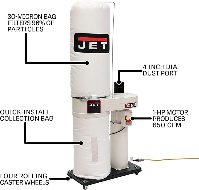 JET Dust Collector, 650 Series, 30-Micron Bag Filter, 1 HP, 115/230V 1Ph (Model DC-650BK)