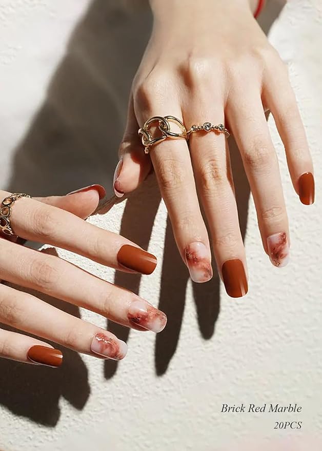 Semi Cured Gel Nail Strips (Brick Red Marble), Brown, 20 Pcs Gel Nail Wraps, Stickers, UV Light Required, Salon Quality, Long Lasting