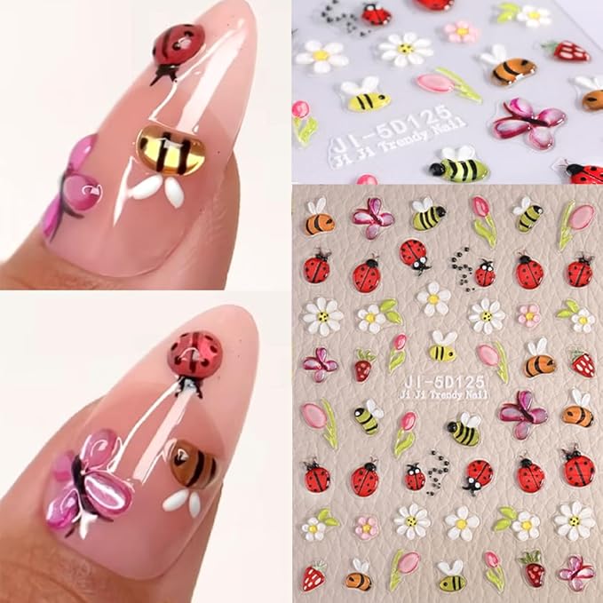 Cute Bee Ladybug Ant Nail Art Stickers, 4 Sheets 5D Embossed Self-Adhesive Nail Decals Flowers Daisy Butterfly Strawberry Nail Designs for Women Girls DIY Manicure Decorations