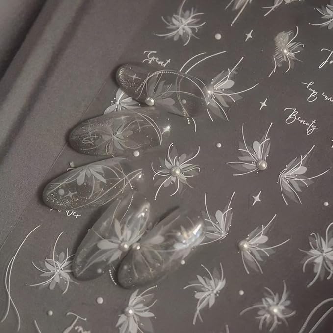 4 Sheets White Nail Art Stickers Decals Bow-tie Butterfly Nail Stickers 3D Self Adhesive with Pearls Nail Decals Supplies Nail Art Design Decoration Accessories for Women and Girls