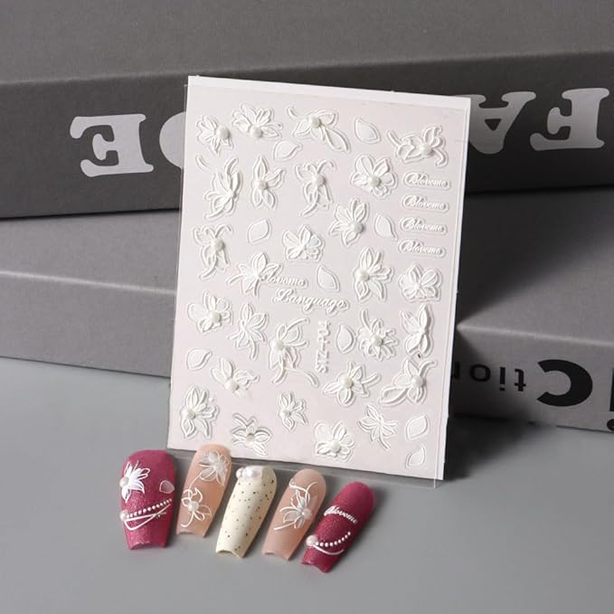 2 Sheets 5D Embossed Flower Nail Stickers, White Floral Self-Adhesive Pearls Nail Art Decals for Women Girls Salon Home DIY Manicure Decoration