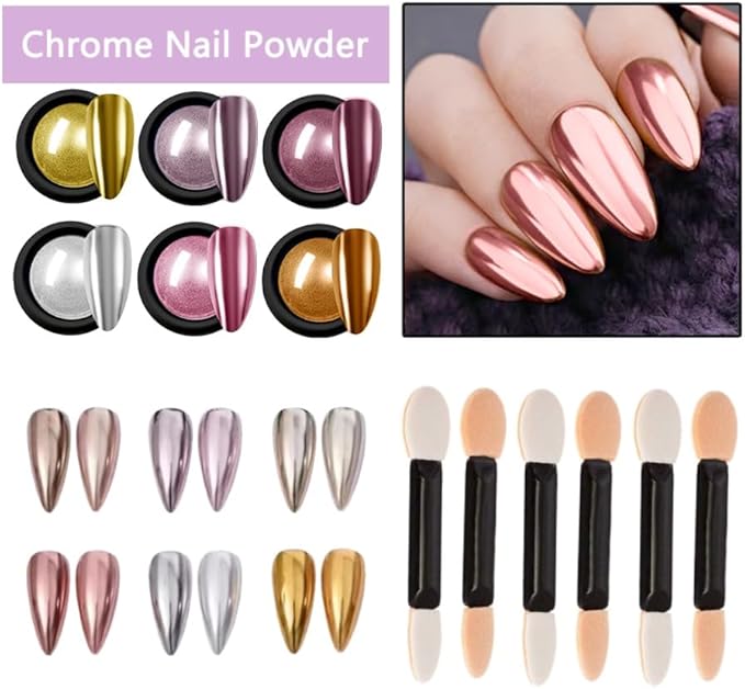 Chrome Nail Powder Kit,6Colors Chrome Nail Powder,Aurora Fairy Chrome Powder Kit for Gel Polish Nail Art Decoration,Luster Mirror Glitter Effect,Chrome Powder for Acrylic Nails