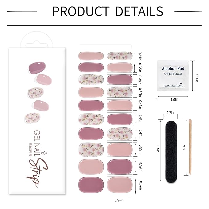WOKOTO 1 Sheet Semi Cured Gel Nail Strips With Wood Stick, Nail File & Prepared Pads, 20 Tips Pink Flowers Semi Cured Nail Polish Strips, Harden With UV Light Gel Nail Wraps Stickers For Women Girls
