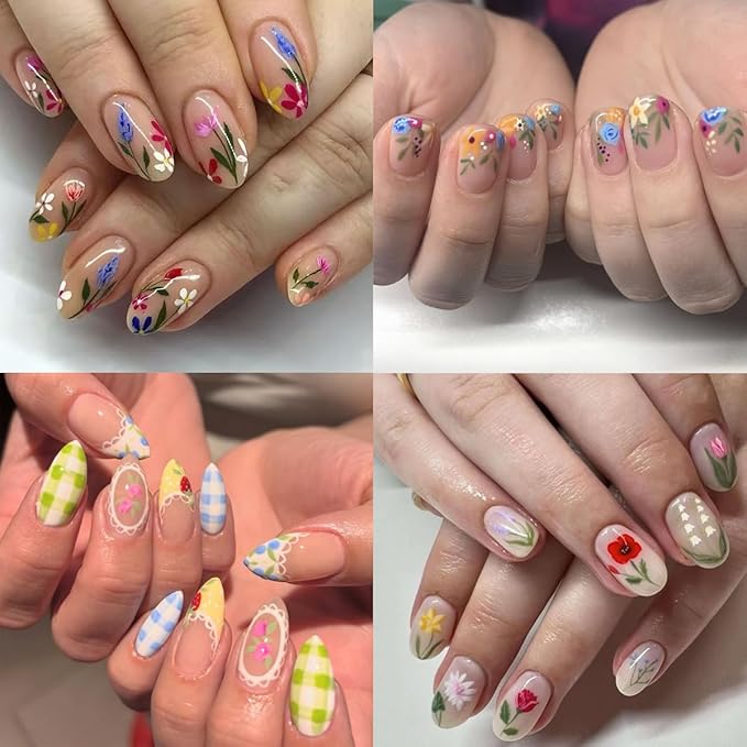 6Pcs Summer Flower Nail Stickers 3D Self Adhesive Fruit Nail Decals Cute Daisy Strawberry Tulip Blueberry Cherry Design Summer Nail Art Stickers Fruit Floral Nail Art Supplies for Women Manicure Decor