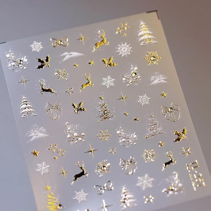 Christmas Nail Sticker 5D Embossed Gold Reindeer Nail Decals with Xmas Tree Snowflake Design Self Adhesive Nail Decals Winter Nail Art for Women Girls Manicure DIY Nails Supplies