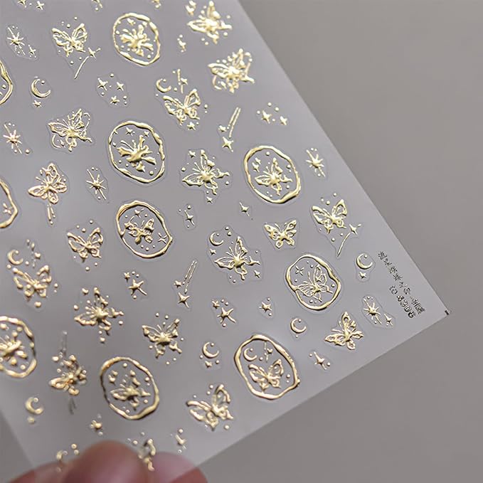 5D Embossed Gold Nail Stickers Butterfly Nail Art Stickers Self-Adhesive Bronzing Butterflies Star Nail Decals Gold Nails Design Manicure Decorations for Women Girls DIY Nail Supplies 1Pcs