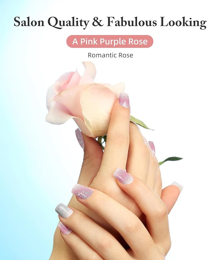 Semi Cured Gel Nail Strips, 28 pcs UV Gel Nail Stickers Full Nails Wraps for Women Home DIY Nails Art, UV Light Required(Pink Purple Rose)