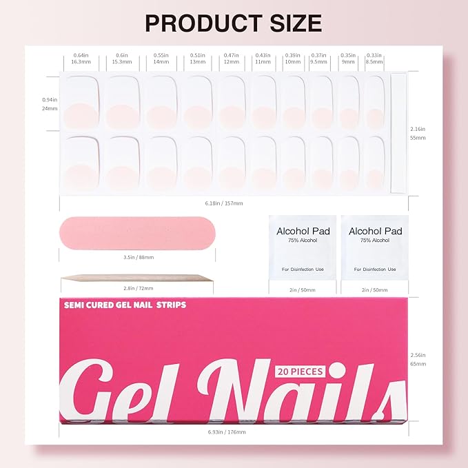 Semi Cured Gel Nail Strips, 20 PCS Gel Nail Stickers Work with UV Light, Salon Quality & Easy to Use - French Passion