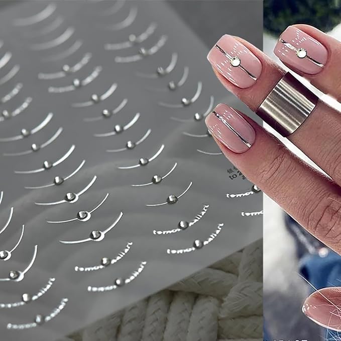 French Tip Nail Stickers for Nail Art, 3D Self-Adhesive Gold Silver French Tip Line with Crystal Diamond Nail Art Design Decals French Nail Sticker for Acrylic Manicure DIY Nail Art Accessories