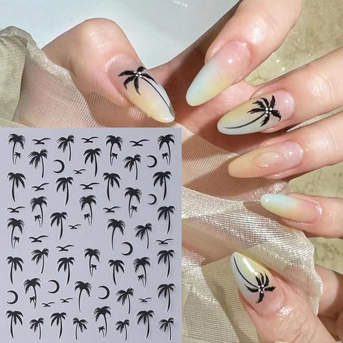 12 Sheets Palm Tree Nail Art Stickers, Holographic Black Gold Beach Theme Decals, Self-Adhesive 3D Tropical Seagulls Design for Summer Nail Decoration