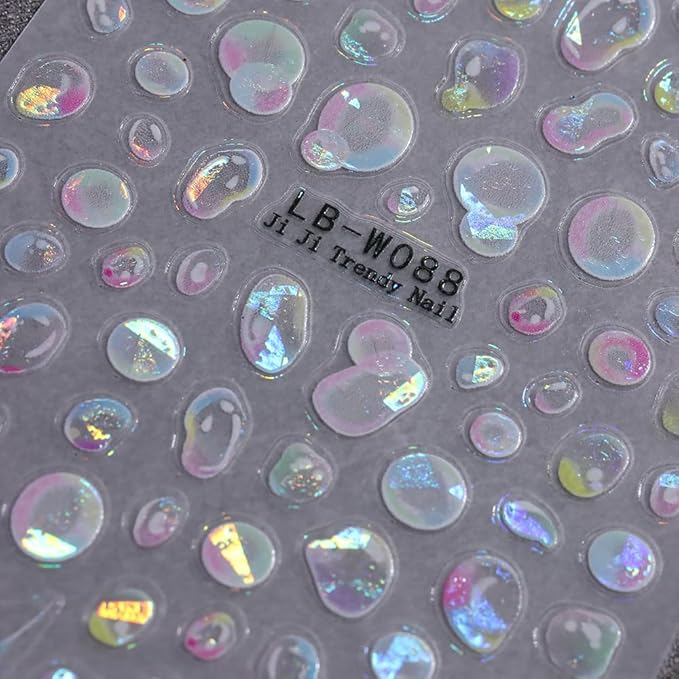 Water Bubble Nail Art Stickers Summer 3D Embossed Bubble Nail Decals 3PCS Colored Shiny Cute Dreamy Bubbles French Tip Design Summer Nails Adhesive Stickers Accessories for Women DIY Nail Decorations