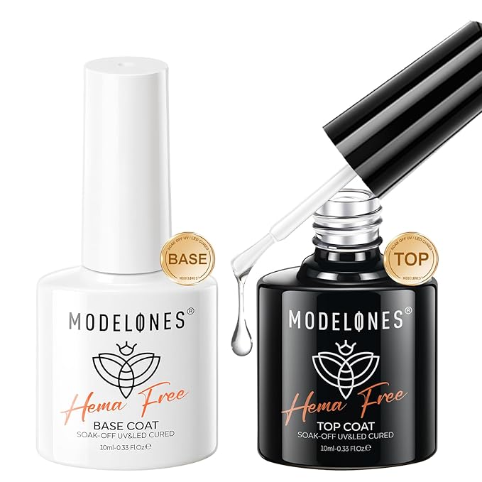 modelones No Wipe Gel Top Coat and Base Coat Set, 2 Pcs Clear Glossy Hema Free Base Top Coat Gel Nail Polish Long Lasting for Fall Nail Polish, Acrylic Nails Soak Off Nail Lamp Nail Art Home Salon