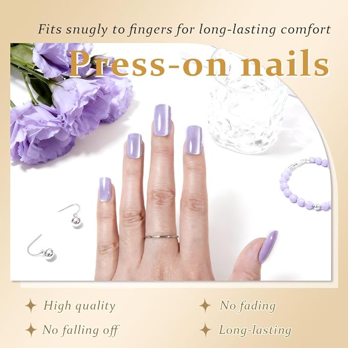 Orchid Purple Cat Eye Press on Nails Medium Square, Medium Square Press Glue on Nails Chrome for Women Gift, Orchid Holographic Glitter Glossy Reusable Gel Acrylic Fake Nail with Designs Cateye Effect