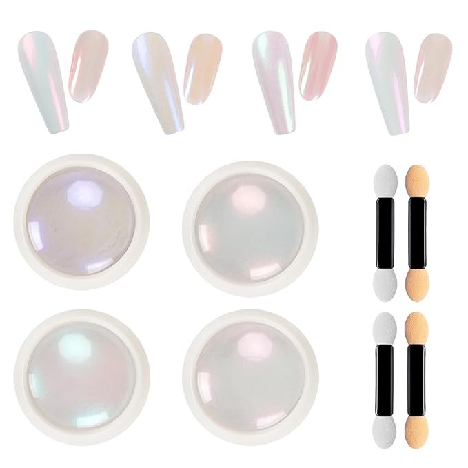 4 Jars Pearl Chrome Nail Powder Set, Mermaid Chrome Nail Powder Pearlescent Iridescent Glitter Dust Kit Nail Art Decoration Gift for Home & Salon