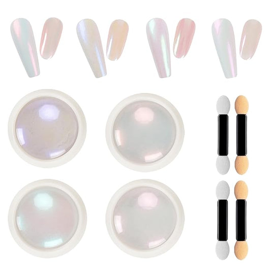 4 Jars Pearl Chrome Nail Powder Set, Mermaid Chrome Nail Powder Pearlescent Iridescent Glitter Dust Kit Nail Art Decoration Gift for Home & Salon