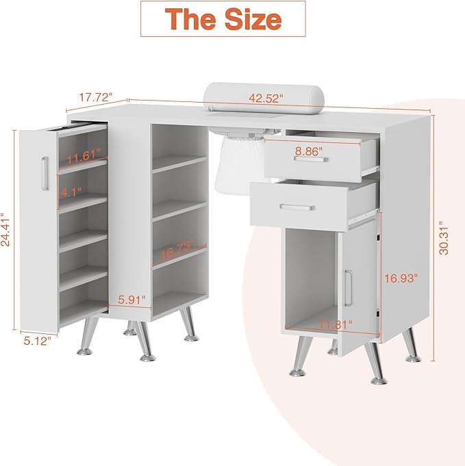 Manicure Table with Dust Collector, 42" Corner Nail Desk for Nail Tech with Pull-Out Polish Display Rack Arm Rest, Acetone Resistant Top, Drawers and Storage Cabinet