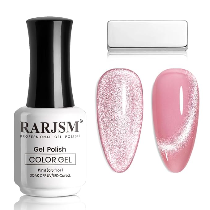 RARJSM Magnetic Cat Eye Gel Nail Polish Nude Purple Pink Silver Glitter 15ml 9D Cateye Galaxy Universal Shimmer Velvet Ice Gel Polish with Magnet Stick UV LED Curing Require Soak Off DIY Home