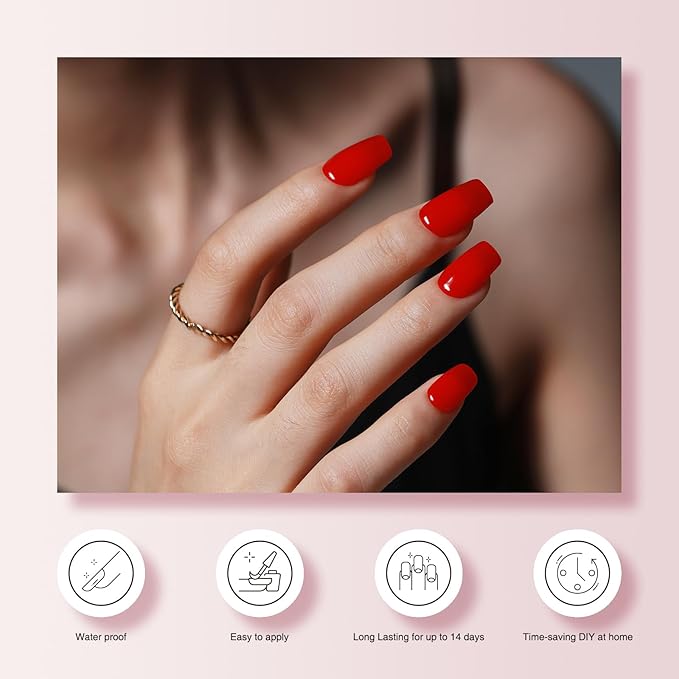 Semi Cured Gel Nail Strips, 20 PCS Gel Nail Stickers Work with UV Light, Salon Quality & Easy to Use - Classic Red