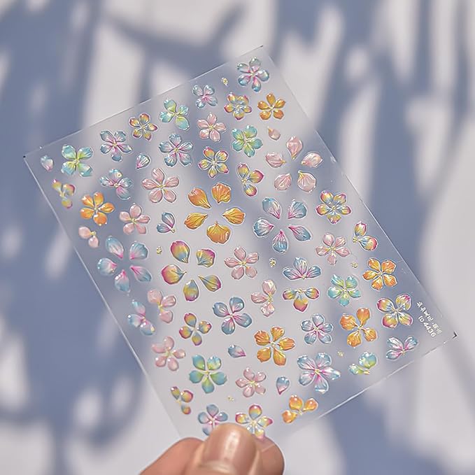 Flower Nail Art Stickers Decals 5D Embossed Jelly Flowers Nail Decals 1PCS Exquisite Shinny Colorful Floral Spring Summer Design Flower Nails Adhesive Sliders Supply for Women DIY Nail Art Decorations