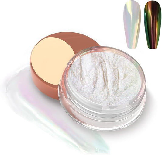 Allstarry Unicorn Chrome Nail Powder, Aurora Mermaid Iridescent White Pearl Nail Chrome Powder Pigment Glitter Fairy Dust for Nail Art, Manicure, Gel Nail Polish - Coral World