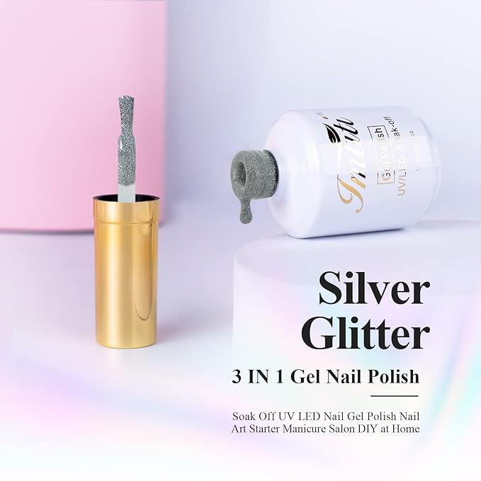 Imtiti Silver Gel Nail Polish, Glitter Silver 3 in 1 One Step Gel Polish Color Soak Off UV LED fall winter Nail Gel Polish Nail Art Starter Manicure Salon DIY Christmas Gift, 0.5 Fl Oz