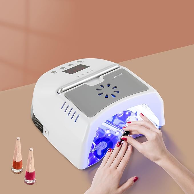 3 Timers Cordless Nail Lamp with Cooling Fan & Portable Handle LCD Display Professional Quick Dry Gel Polish Curing Lamp 72W Rechargeable Light Cures All Gels 24 Beads for Salon, Home (White)