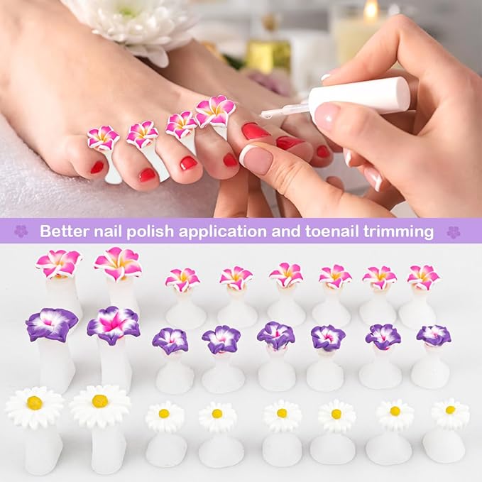 24 Pcs Daisy Flower Silicone Toe Separators, Gel Rubber Toe Stretcher Pedicures Toes Dividers Nail Art Tools Polish Guards for Home Salon