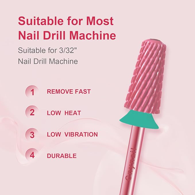 3/32" Large Tapered Smooth Top Bit Tungsten Carbide Nail Drill Bit Safety Bit for Gel & Acrylic Removal, 2- Way Rotating Efile Tip, Salon Electric File Accessory (C Girt, Rose Red)