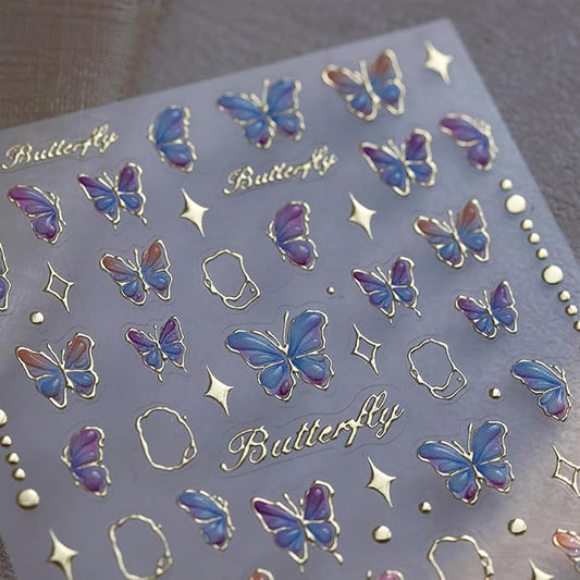 Butterfly Nail Art Stickers Decals Butterfly Nail Stickers Blue Shinny Butterfly Nails Design 5D Embossed Self Adhesive Nail Decals Butterfly Stickers for Women Girl DIY Manicure Nail Art Decorations