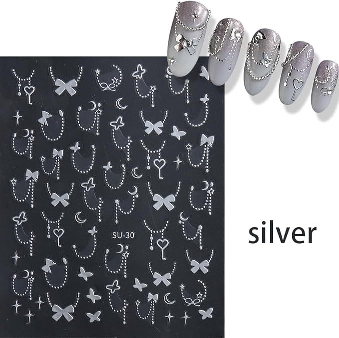 Silver Gold Bow Heart Nail Art Stickers, 6 Sheets 3D Self-Adhesive Nail Decals for Women and Girls, Nail Art Design Shiny Supplies Decoration Accessories