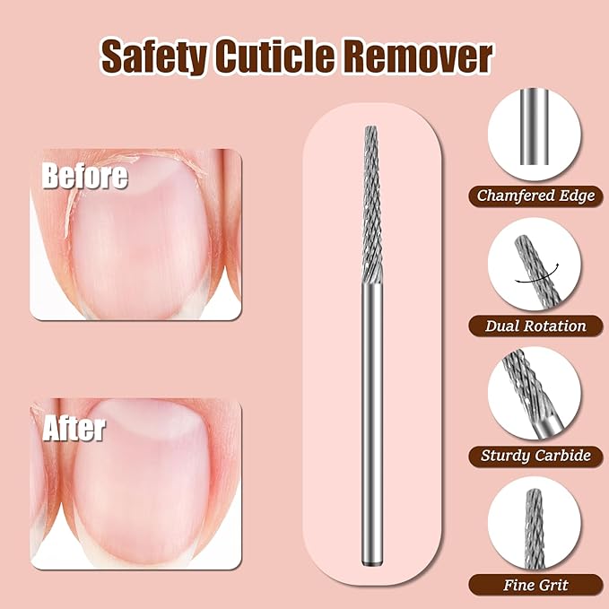 Cuticle Bit for Nail Drill 3/32'', Safety Carbide Cuticle Cleaner Bit for Dead Skin Cleaning Nail Prepare, Trimmer, Two Way Rotate, Small Cone Nail Drill Bit, Manicure Salon Experienced (Sliver, Fine)