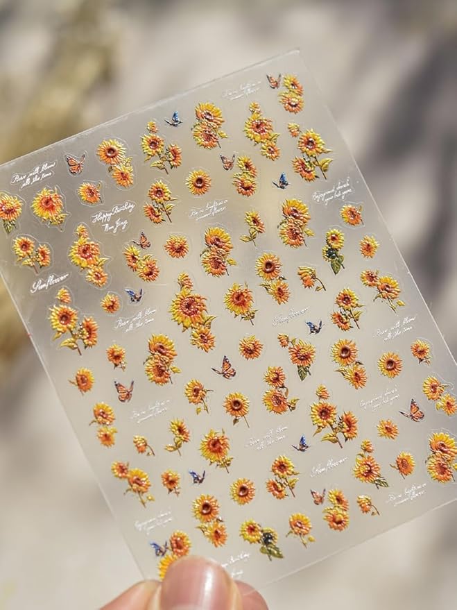 Sunflowers Nail Stickers 5D Embossed – Premium Salon-Quality Charm Accessories, Easy Application & Self-Adhesive Blooming Floral Sunflower Sticker, DIY Manicure, Art, Press on, Home or Salon