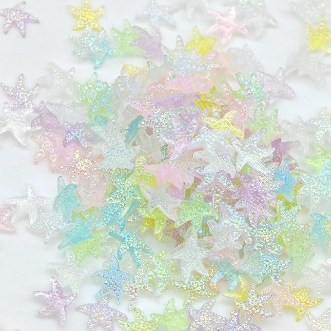 200PCS Iridescent Starfish Nail Art Rhinestones, Pastel Rainbow Colors, Mini Resin Decorations for Manicure