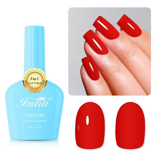 Imtiti Red Gel Polish, Bright Red Gel Polish 3 in 1 One Step Gel Polish Kit, Soak Off LED U V Gel Polish Nail Art Starter Manicure Salon for Women Girls 0.3 Fl Oz
