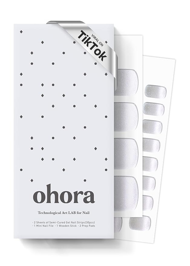 ohora Semi Cured Gel Pedi Strips (P Moonriver) - Works with Any Nail Lamps, Salon-Quality, Long Lasting, Easy to Apply & Remove - Includes 2 Prep Pads, Nail File & Wooden Stick