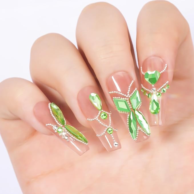 Multi Shapes Light Green 3D Glass Crystal Nail Rhinestones Kit Mix 0.8mm Silver Nail Round Beads Charm Flatback Gems 5 Grids Flatback Rhinestones Stone Diamond for Manicure Makeup DIY Decoration